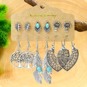 6pr Turquoise Tree Of Life Earrings Dangle Gypsy Boho Hippie Native Feather Leaf